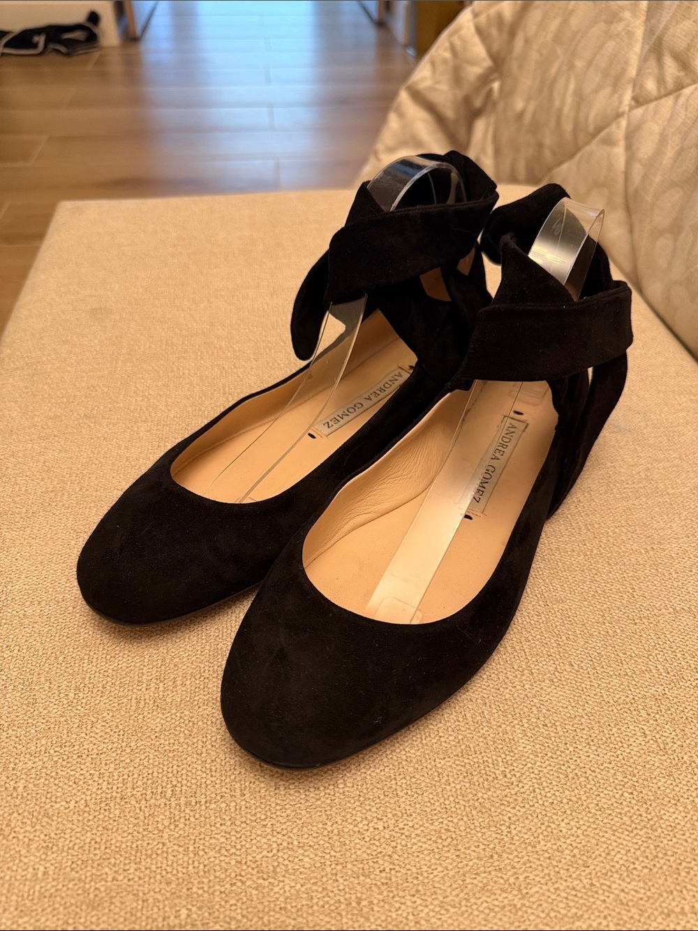 Andrea Gómez Black Suede Ankle Tie Ballet Flats